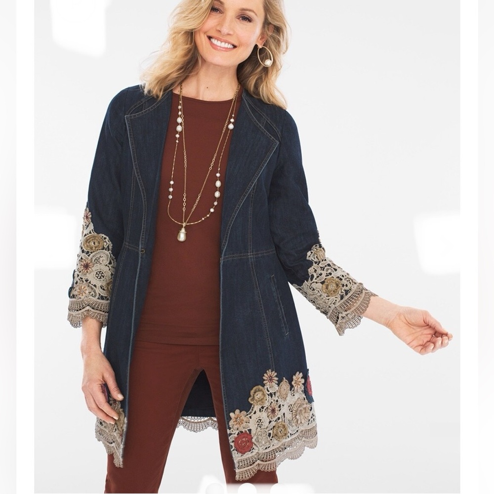 Chicos Embellished Denim Jacket Lace Flowers Boho lagenlook size XL (Chico 3)